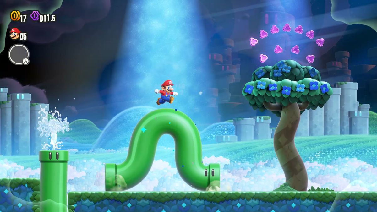 Mario runs on a curved pipe in a screenshot from Super Mario Bros. Wonder