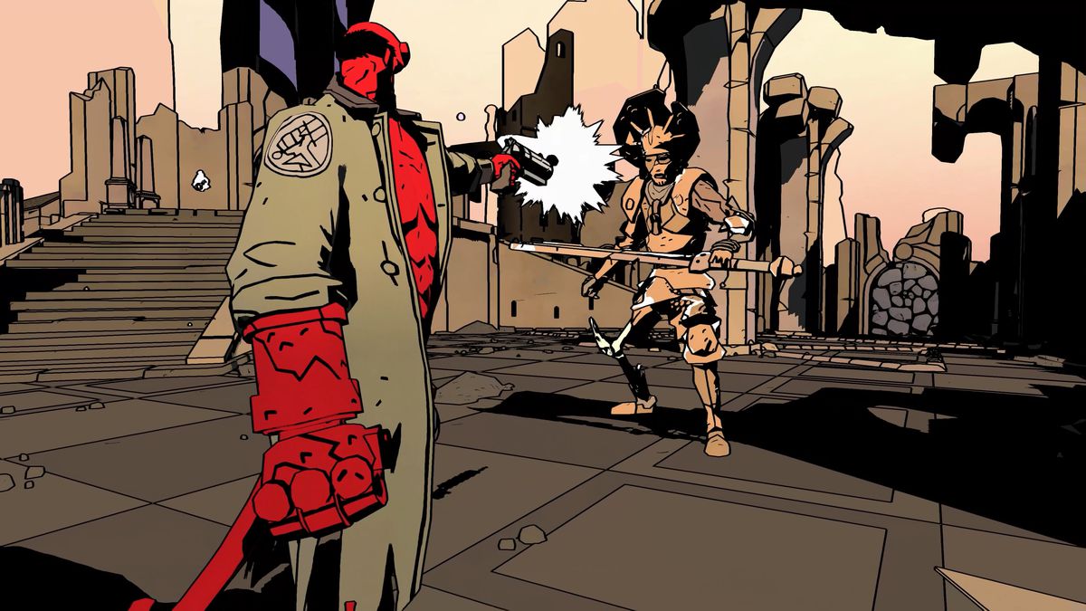 Hellboy points his gun The Good Samaritan at a mechanical foe in the cel-shaded game Web of Wyrd