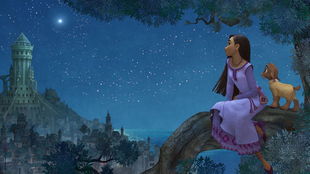 A young girl and her baby goat sit in a tree and look up at the stars