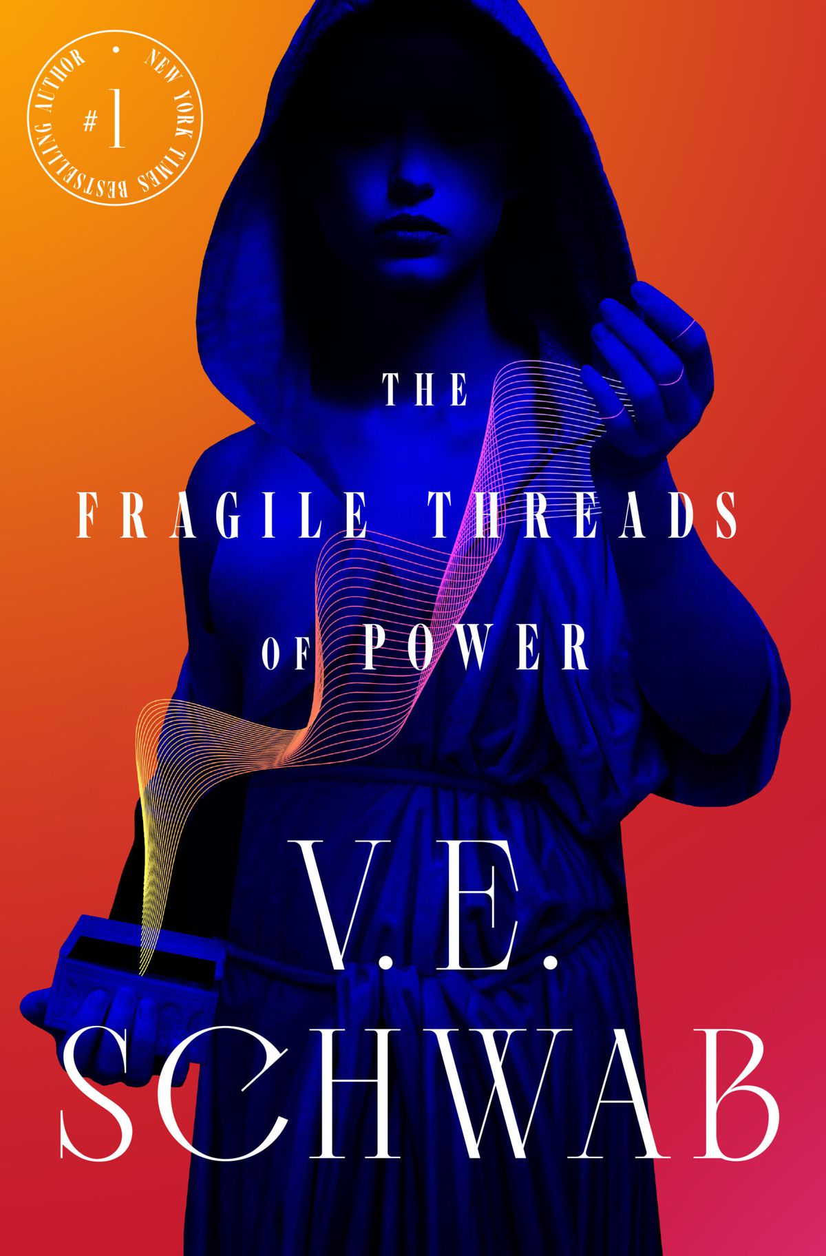 Cover image of V.E. Schwab’s The Fragile Threads of Power, with a figure in a cloak, tinted with blue lighting, pulling strange mesh threads from a box.