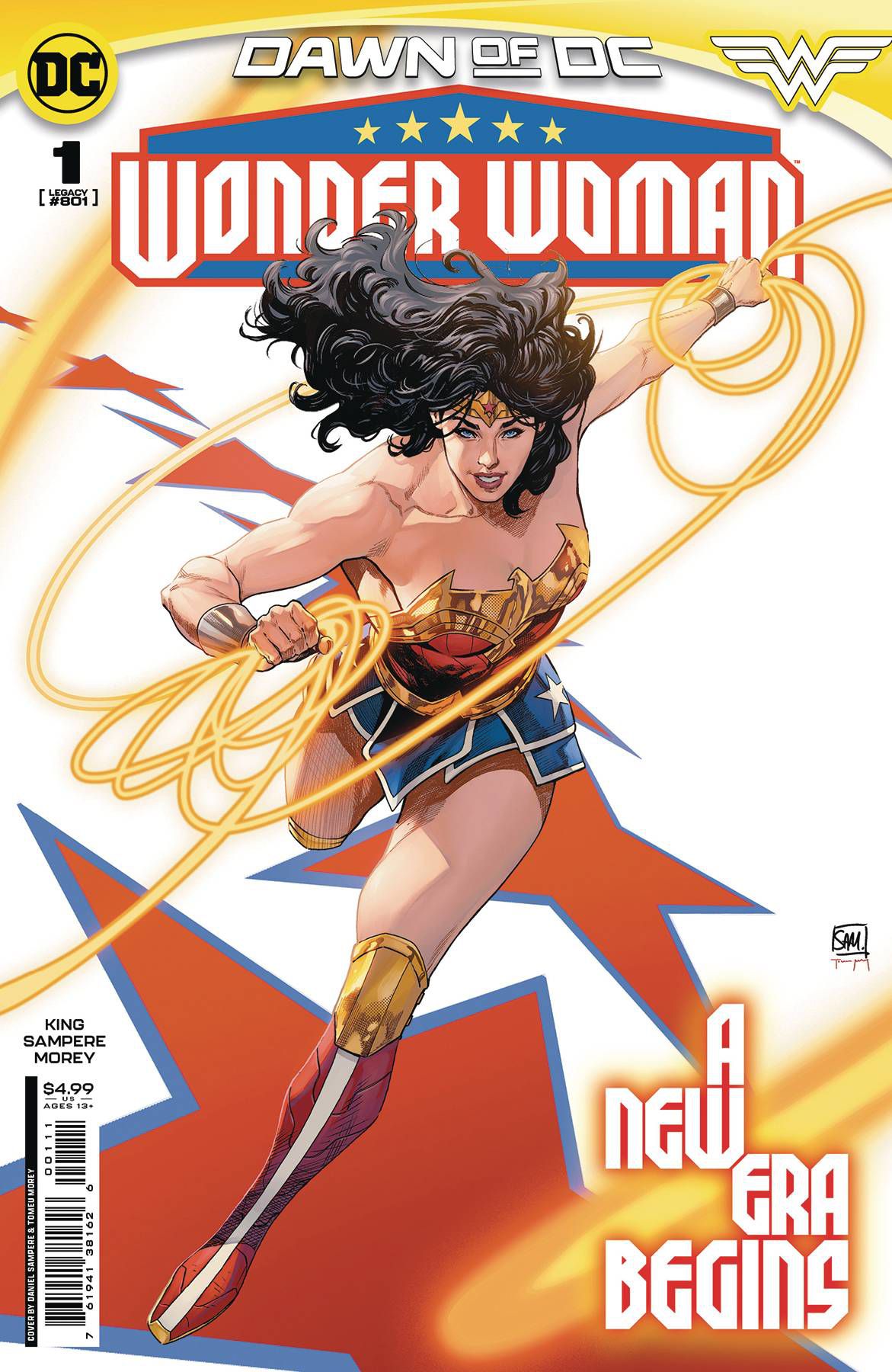 Wonder Woman springer med sitt lasso på en bakgrund av röda stjärnor på omslaget till Wonder Woman #1 (2023).