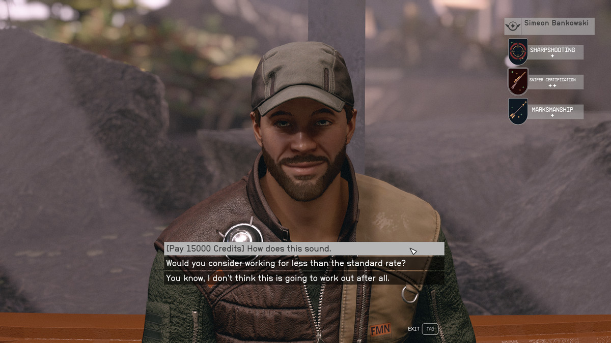 Simeon talks to the player in Starfield