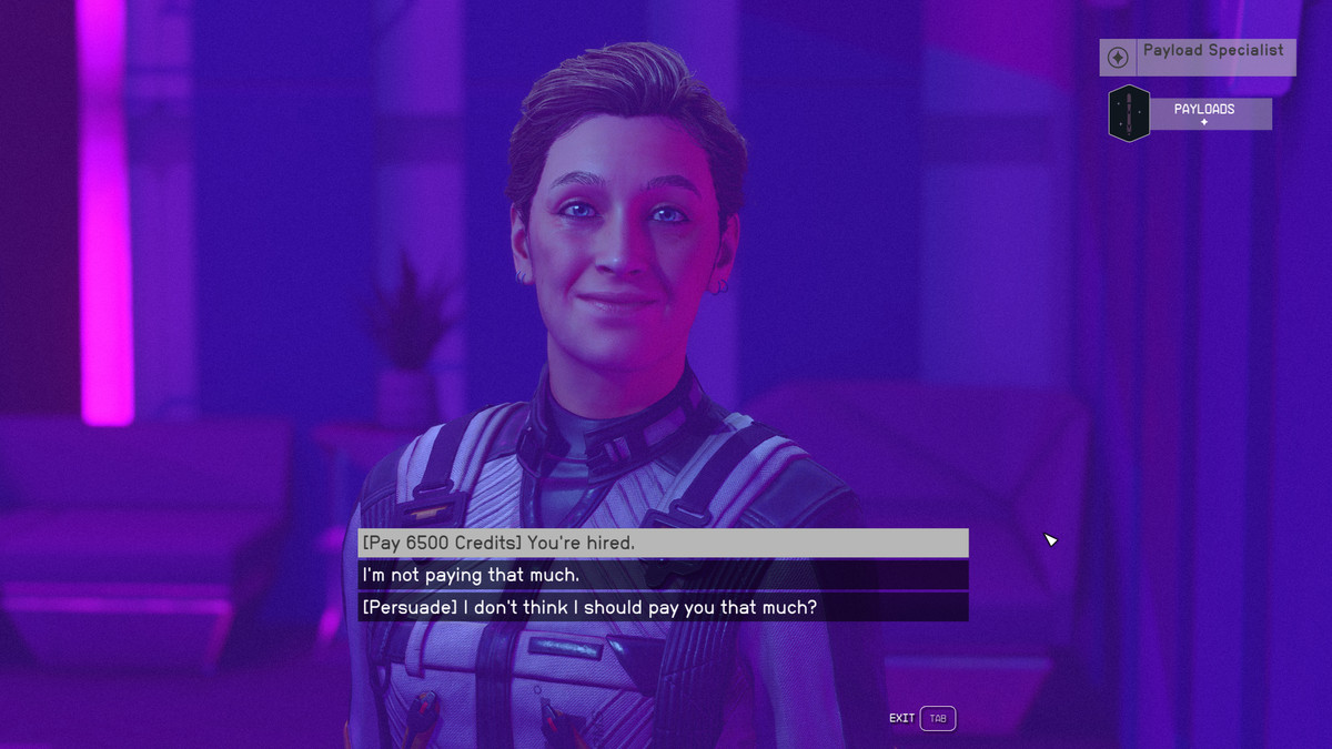 The player talks to a potential crew mate in Starfield 