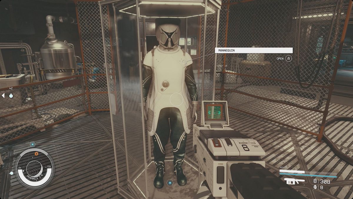 En Starfield-spelare samlar Mantiss rymddräkt från en skyltdocka i Secret Outpost