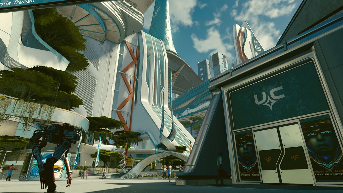 En skärmdump av Vasco, spelarens robotkamrat, som står framför en byggnad i New Atlantis från Starfield.