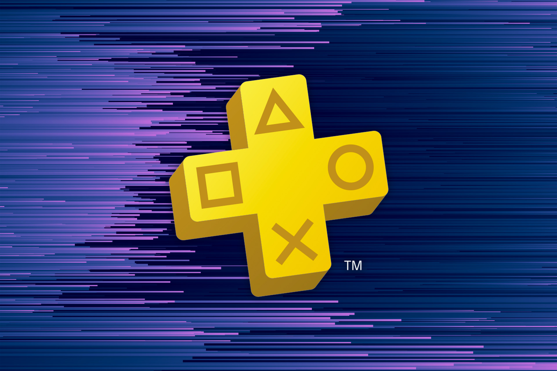 PlayStation Plus-logotypen (ett plustecken med PlayStation-former) på en lila-blå bakgrund