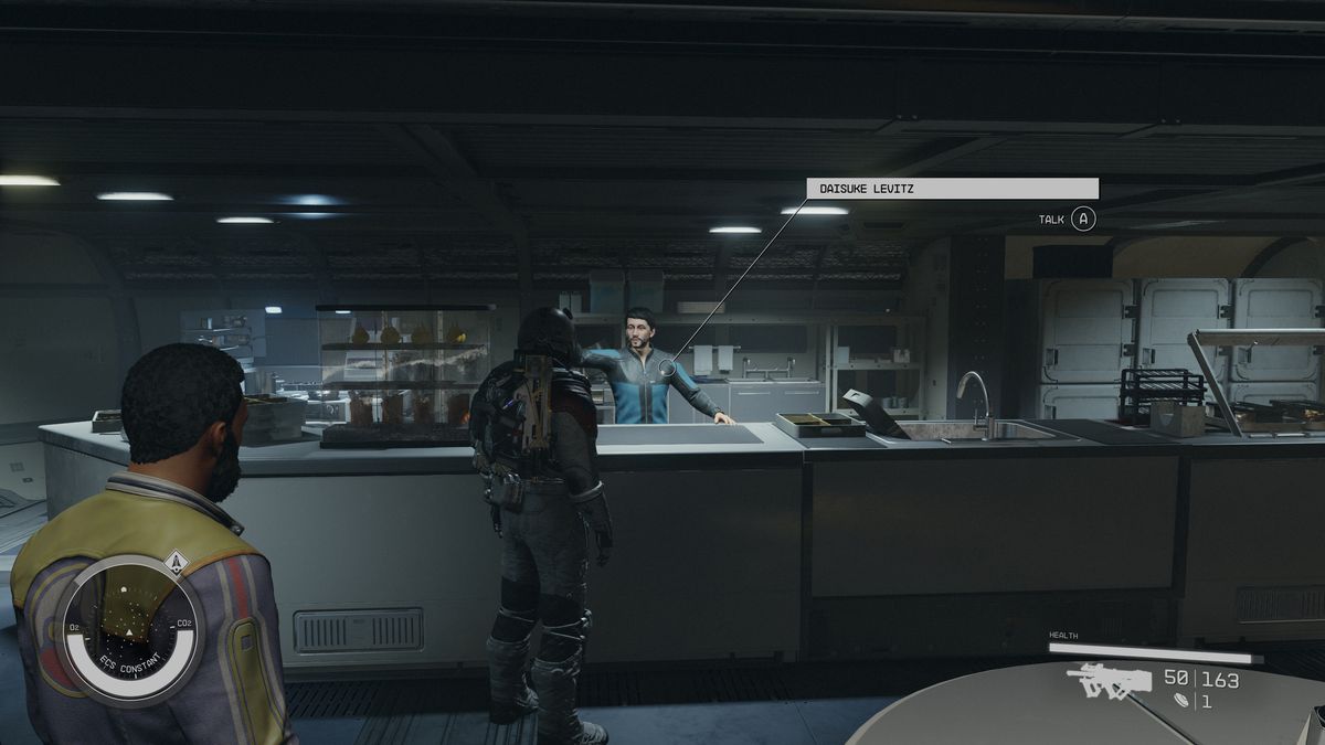 Daisuke Levits stands behind a counter on the ECS Constant during the First Contact side quest in Starfield.