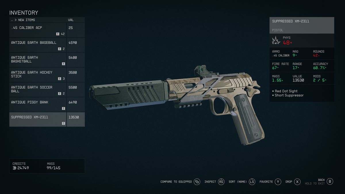A Starfield menu shows the stats and details for the Suppressed XM-2311.