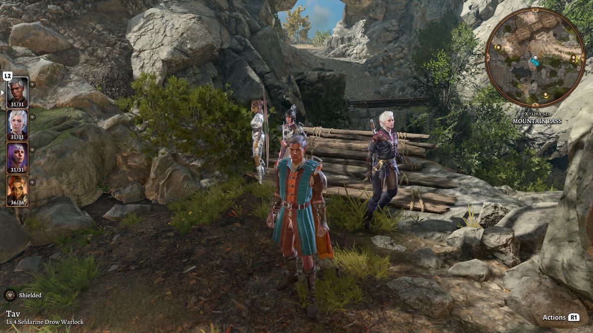 En fest med min karaktär, drow Tav, Astarion, Shadowheart och Lae'zel framför en trasig bro.