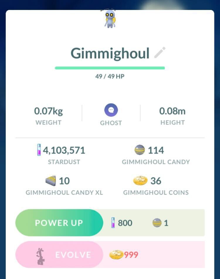 Gimmighoul statistikskärm i Pokémon Go