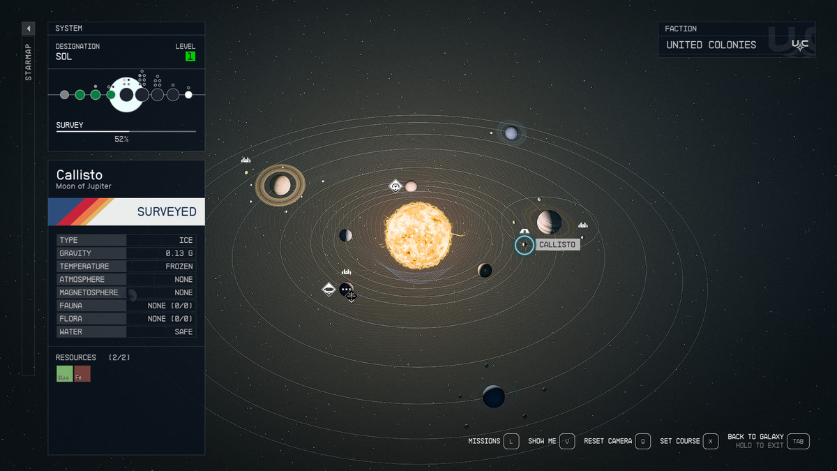 Ett system som visar Callisto och Io i Starfield