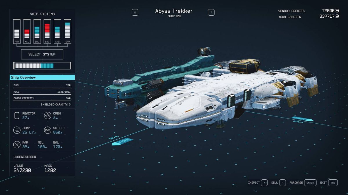 En meny visar designen och statistiken för Abyss Trekker, ett av de bästa fartygen i Starfield.