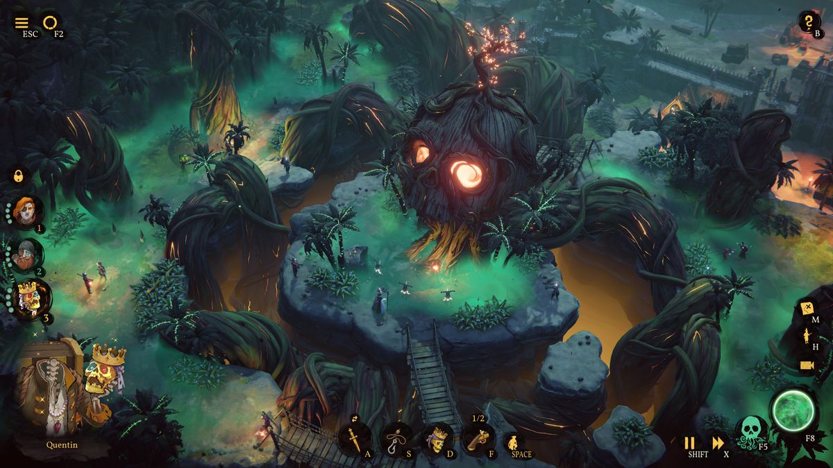 En skärmdump från Shadow Gambit: The Cursed crew, som visar en översikt över Dreadvine Cove Island, och framhäver den vintäckta skallen som sitter i mitten av kartan.