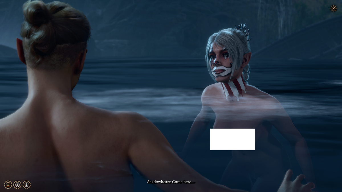 Shadowheart bär clown ansiktsfärg och simmar i en vattenmassa med en spelarkaraktär i Baldur's Gate 3.