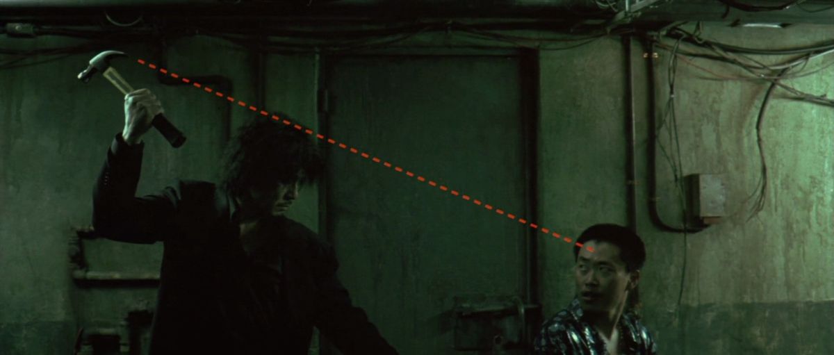 Choi Min-sik riktar en hammare mot huvudet på en man som sitter i en mörk hall, en tecknad prickad linje som sträcker sig från hammarens huvud till mannens panna i Oldboy.