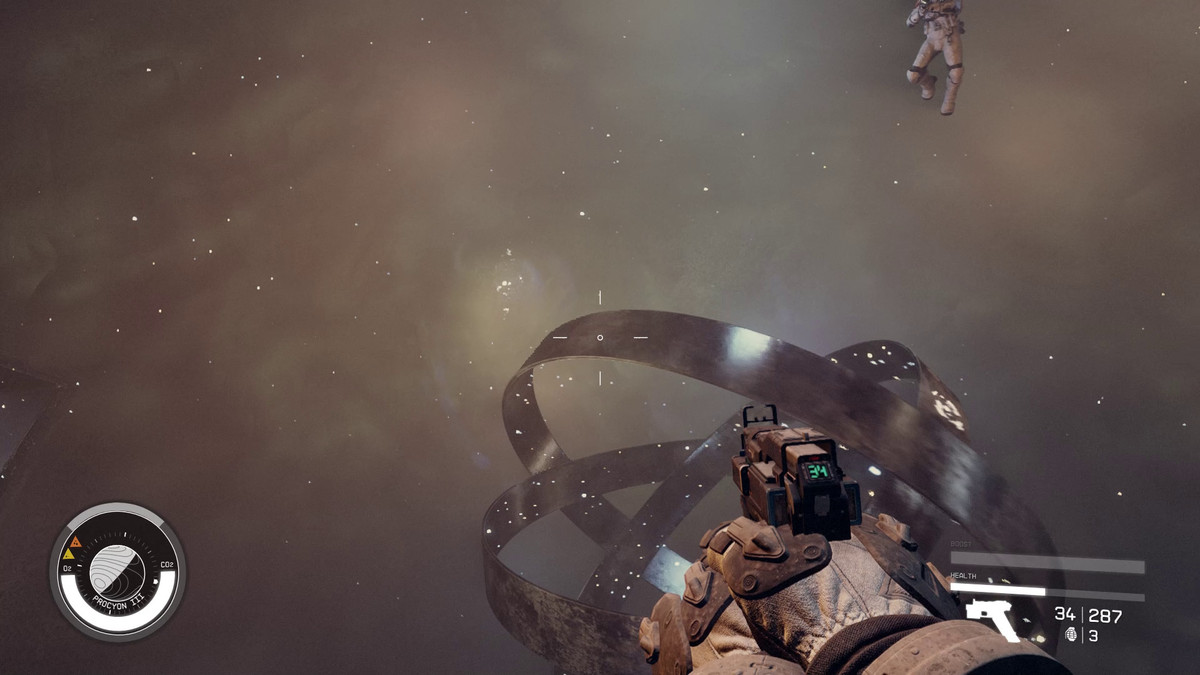 The player floats around some rings in Starfield, looking at a glowing orb of light