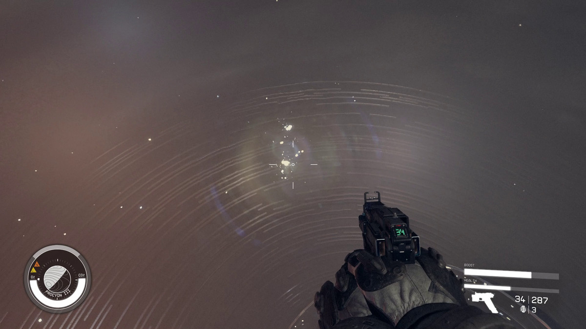 The player floats toward an orb of light in Starfield