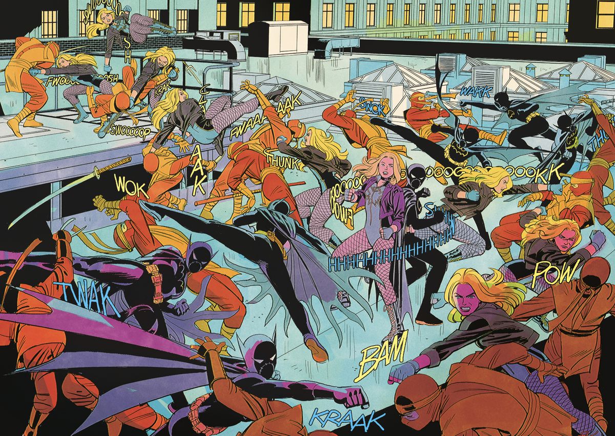 I ett komplicerat uppslag på två sidor tar Black Canary och Batgirl en ett till synes oändligt antal ninjor.  På varandra följande bilder av dem visar kampen som utspelar sig över tid, med färgkodade ljudeffekter för var och en av dem i Birds of Prey #1 (2023).