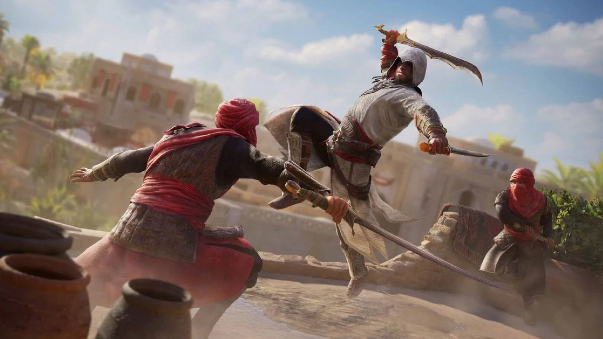 Basim hoppar på en stadsvakt på ett tak i Assassin's Creed Mirage