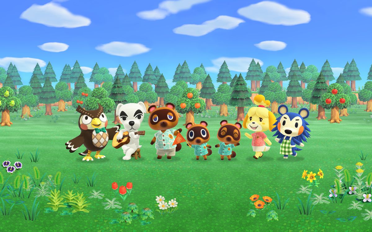 Konstverk av Animal Crossing: New Horizons, med Blathers, KK Slider, Tom, Timmy och Tommy Nook, Isabelle och Mabel som står på ett fält