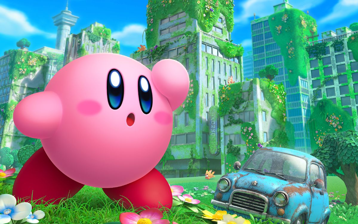 Kirby blickar ut på en frodig ödemark med en rostig bil bakom sig i konstverk från Kirby and the Forgotten Land