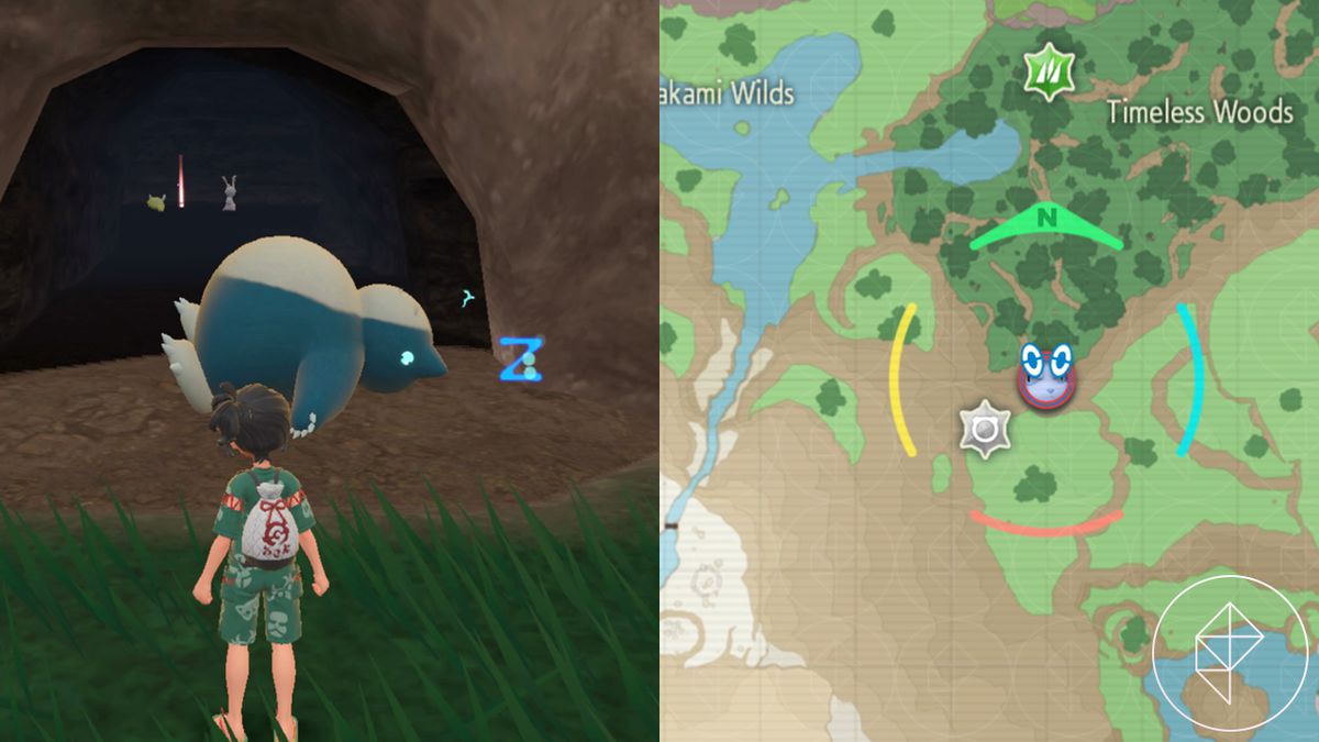 En Pokémon-tränare står framför en sovande Snorlax i Timeless Woods i Pokémon Scarlet and Violet: The Teal Mask