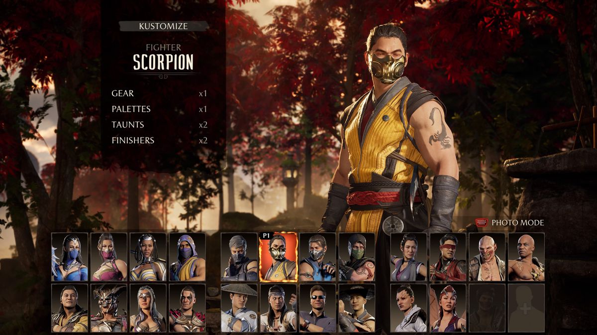 Scorpion stands behind the roster page in Mortal Kombat 1