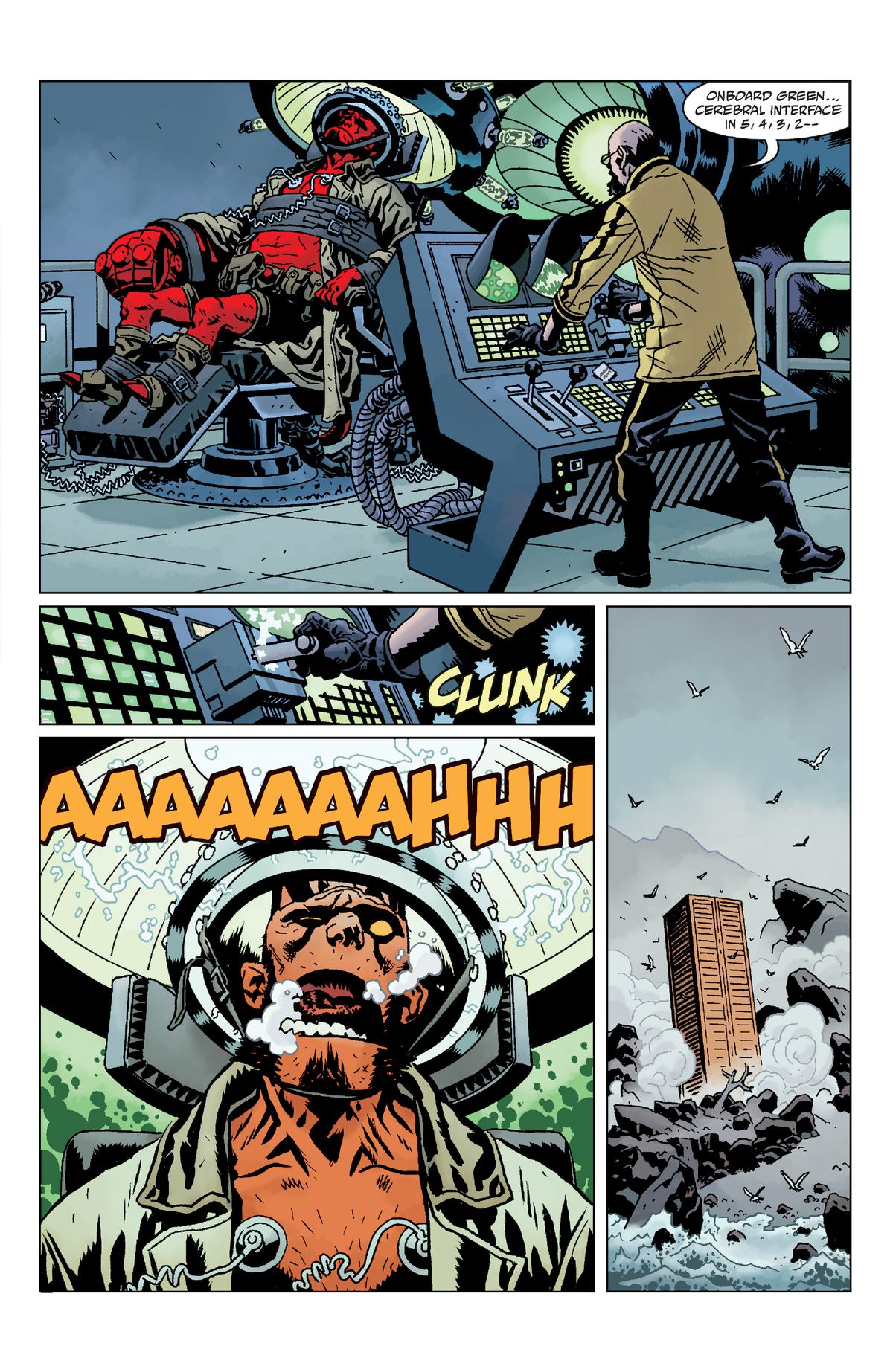 Hellboy skriker när forskare drar i en stor spak i Giant Robot Hellboy.