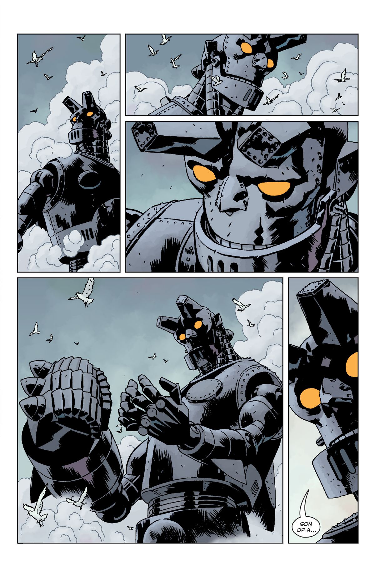 Giant Robot Hellboy tittar på himlen och måsarna som flyger runt honom.  Han tittar på sina metallhänder.  Sedan säger han 