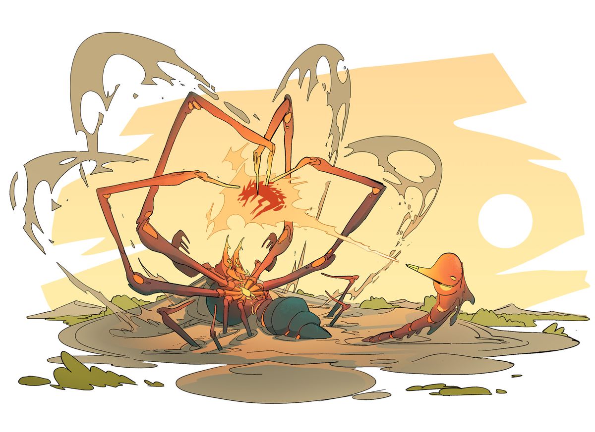 Hagsechu är en skorpion som snurrar eld från sin svans.  Ett monster från Wilderfeast, av KC Shi.