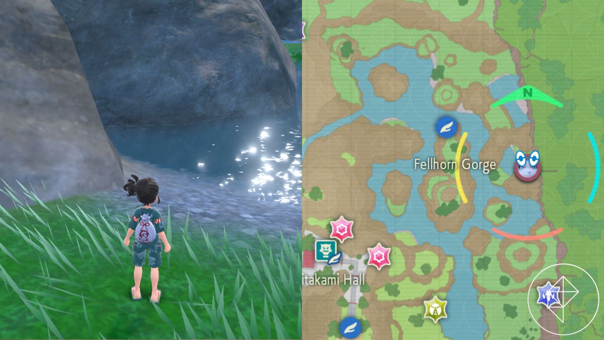 En tränare står på stranden av ett litet område i Fellhorn Gorge i Pokémon Scarlet and Violet: The Teal Mask