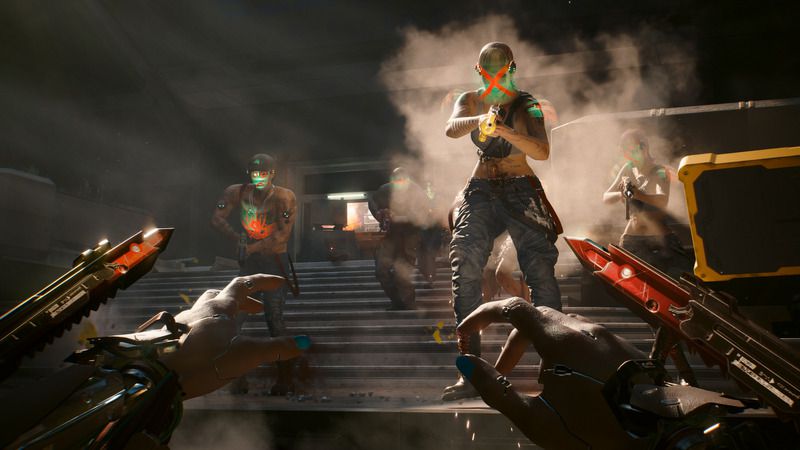 En skärmdump av spelaren som viftar med bönsyrsblad medan han möter en grupp fiender i Cyberpunk 2077:s Phantom Liberty Expansion.