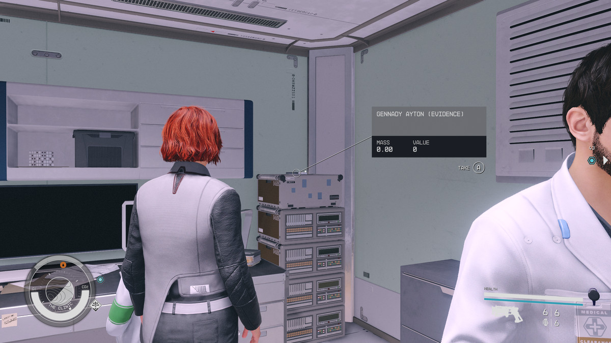 A Crimson Fleet member stares at evidence in a clinic during the Burden of Proof mission in Starfield.