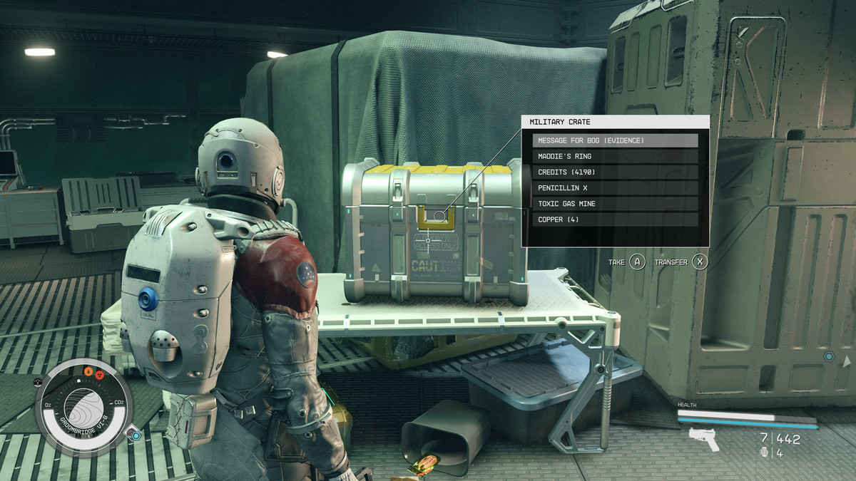 A Crimson Fleet member stares at evidence inside a military crate during the Burden of Proof mission in Starfield.