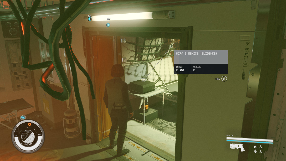 A Crimson Fleet member stares at evidence inside a doorway during the Burden of Proof mission in Starfield.