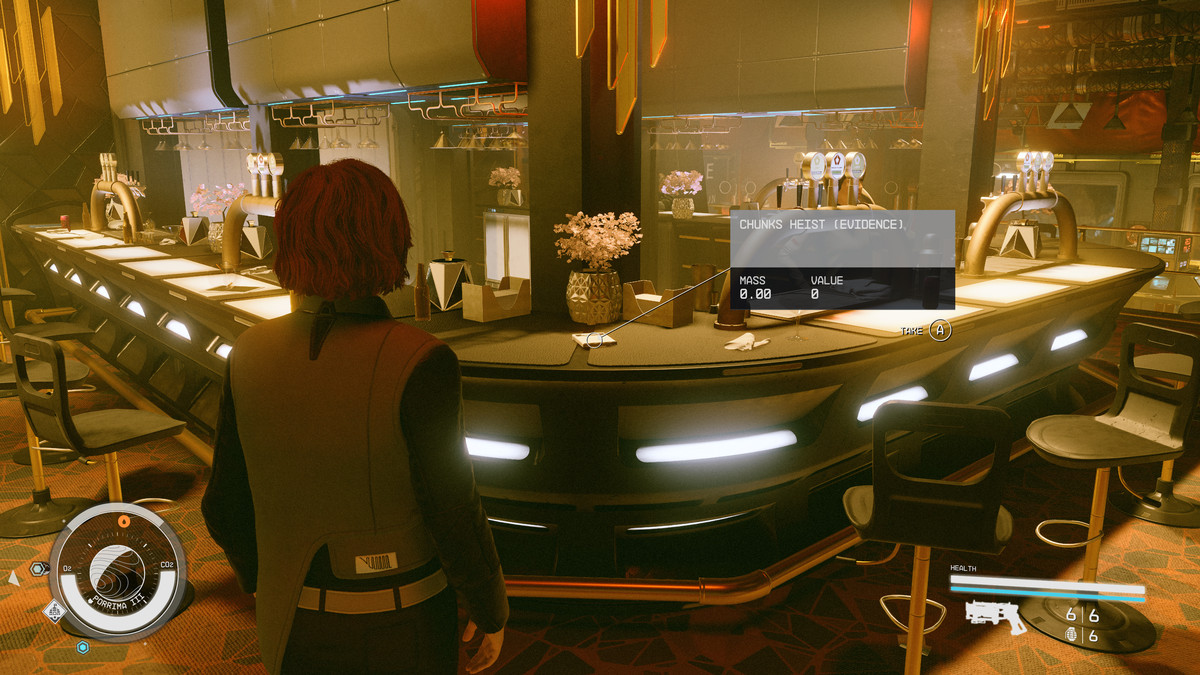 A Crimson Fleet member stares at evidence on a bar during the Burden of Proof mission in Starfield.