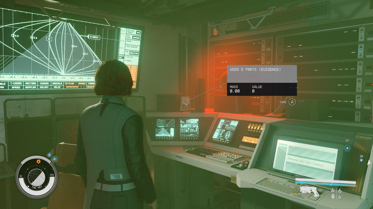 A Crimson Fleet member stares at evidence on a computer workstation during the Burden of Proof mission in Starfield.
