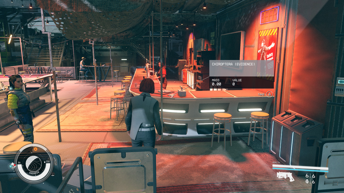 A Crimson Fleet member stares at evidence on a bar during the Burden of Proof mission in Starfield.