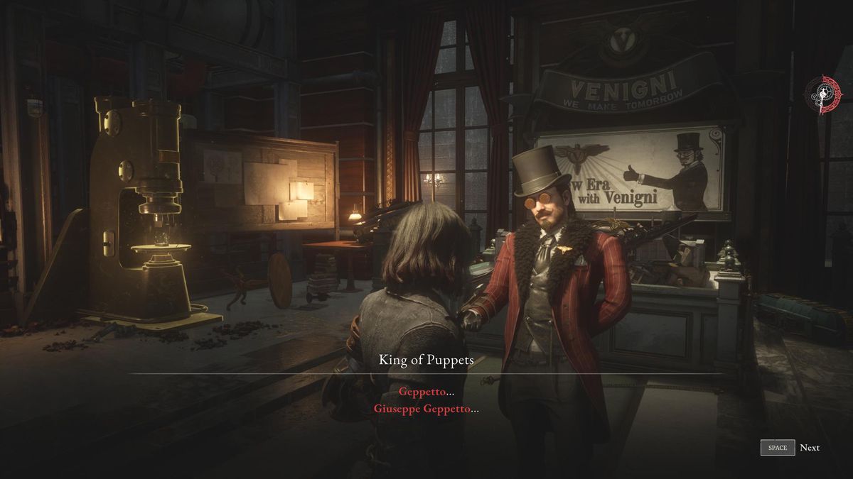 The player speaks to a man wearing a red coat, while the name Geppetto appears on the screen.