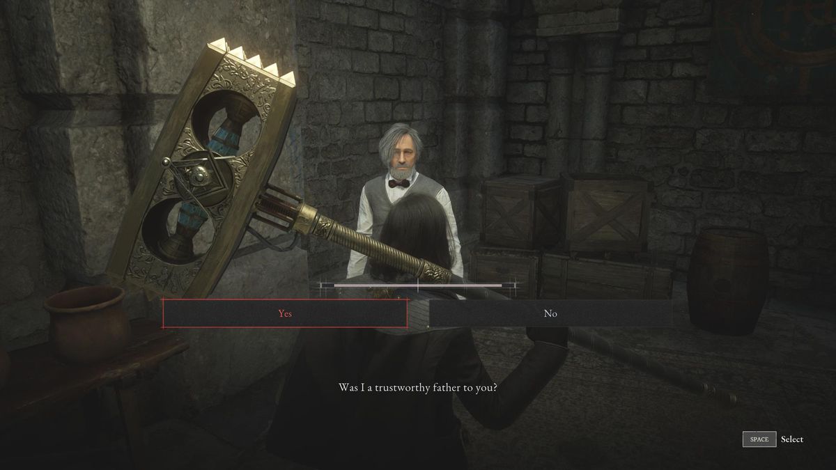 A sledgehammer-wielding player talks to an old man named Geppetto.