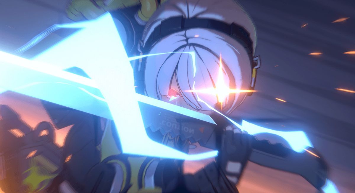 En karaktär från Zenless Zone Zero med vitt hår och ett svart pannband höjer ett glödande svärd omgivet av blåaktiga virvlar av blixtar