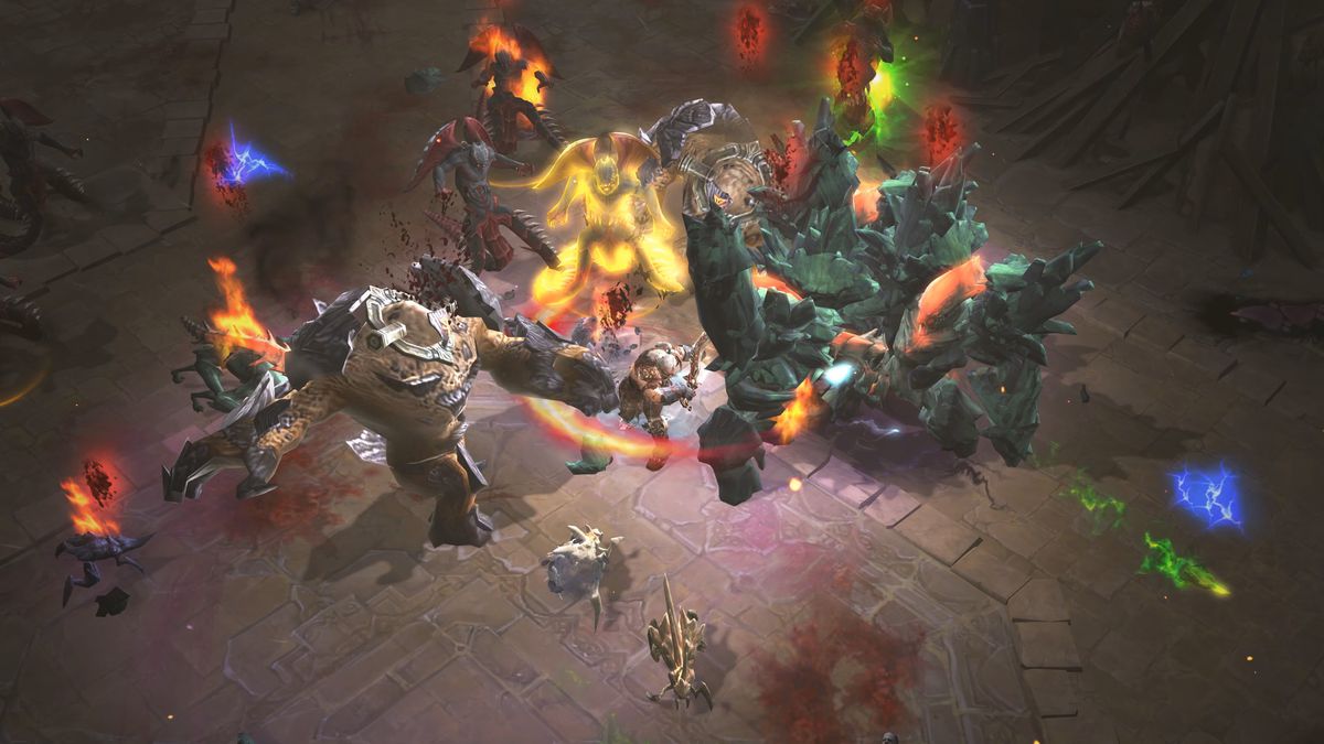En barbar slåss mot en hord kraftfulla, färgglada monster i Diablo 3