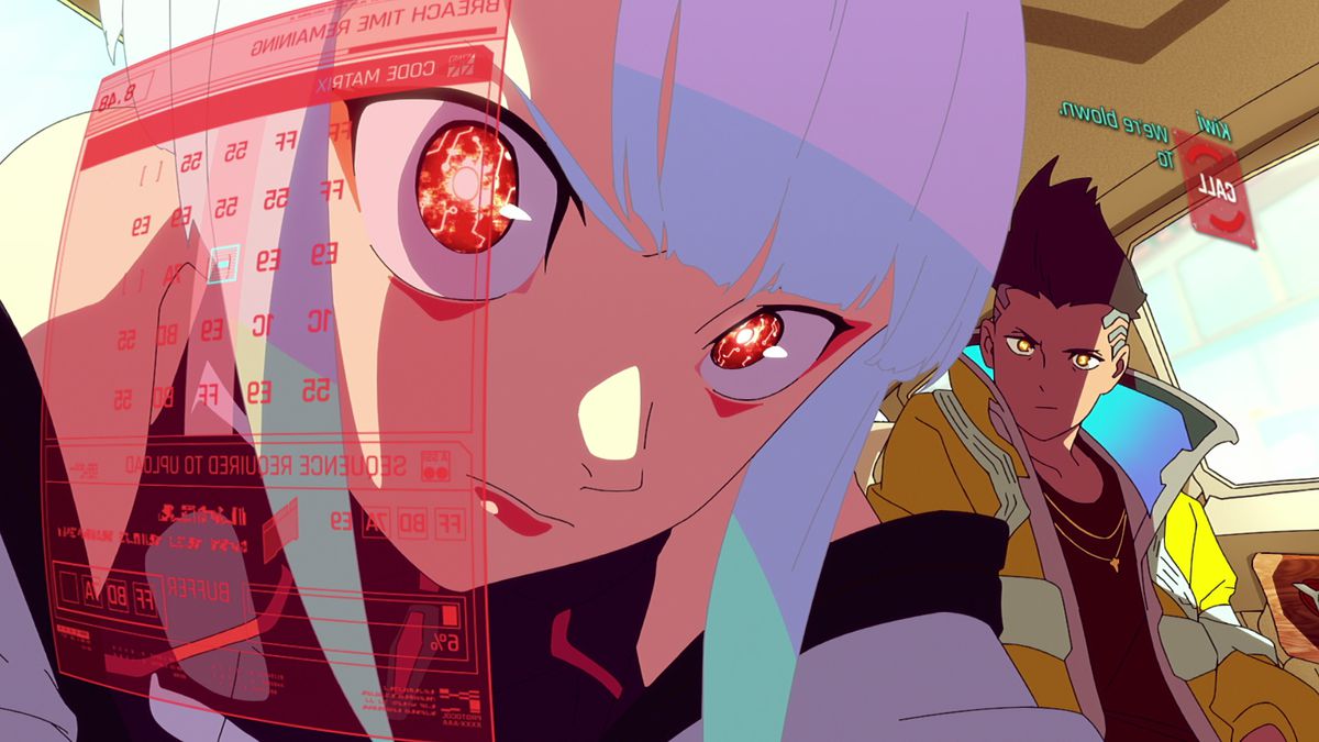 Konst från Studio Triggers Cyberpunk: Edgerunners.  Två anime karaktärer tittar på kameran.  Det finns en röd datorliknande överlagring över en del av en karaktärs ansikte.