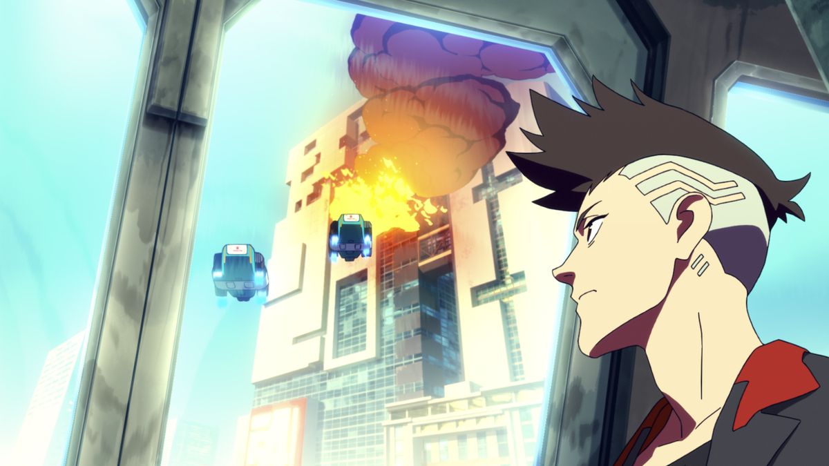 En animekaraktär som stirrar ut genom ett fönster på två paramedicinska svävare som flyger till skyskrapan i brand.