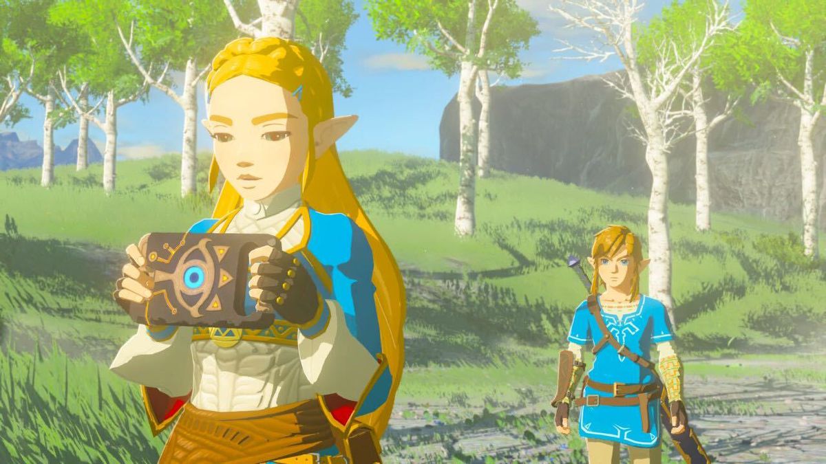 En skärmdump från en klippscen i The Legend of Zelda: Breath of the Wild.  Zelda och Link går utanför medan Zelda håller upp och tittar på Sheikah-skiffertavlan.