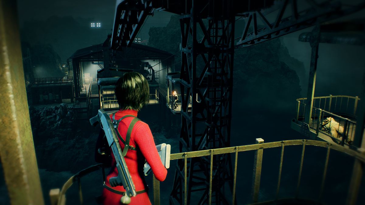 Ada Wong åker linbana medan hon möter en serie fiender i Resident Evil 4 Separate Ways