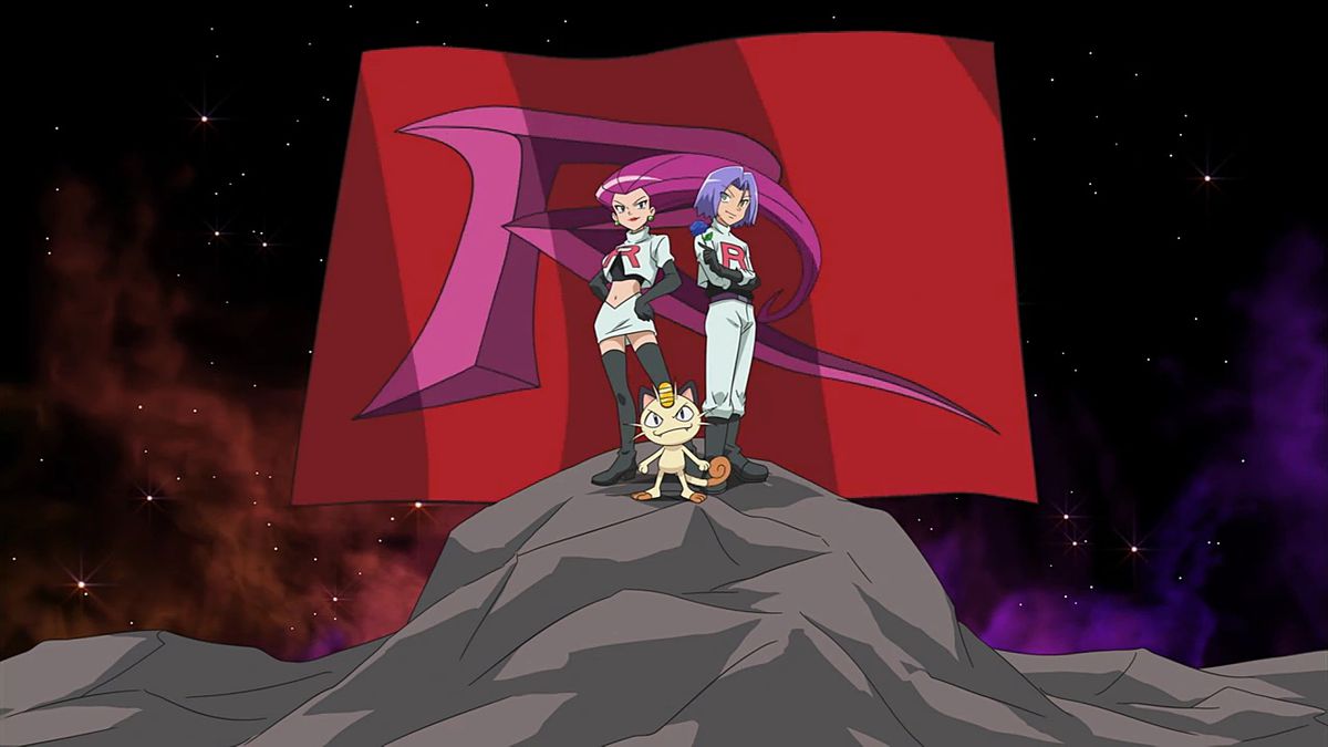 Team Rocket, i sina vita uniformer poserar framför en gigantisk röd flagga med en fucsia R på den i Pokémon the Series.
