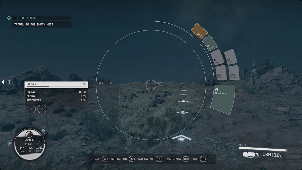 Starfield’s scanner displaying a path to the next objective