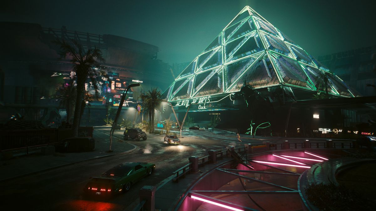 En neonupplyst pyramidformad byggnad i Dogtown, det nya distriktet som introducerades i Cyberpunk 2077:s Phantom Liberty-expansion.