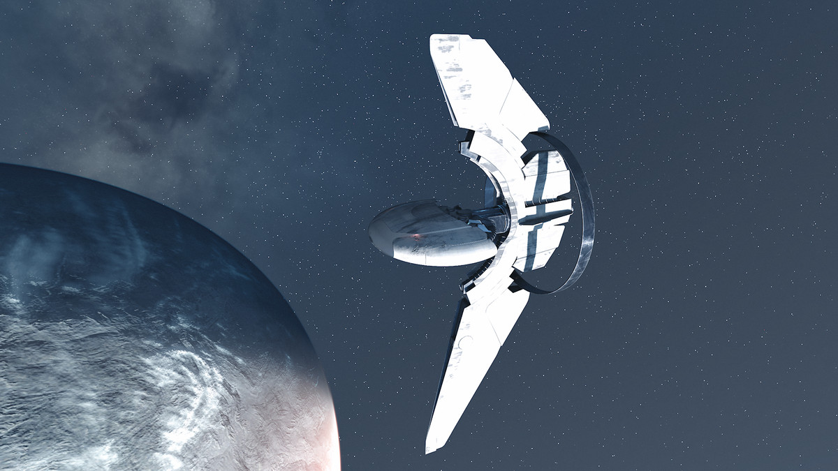 Starfield Starborn Guardian-skepp i omloppsbana runt en planet